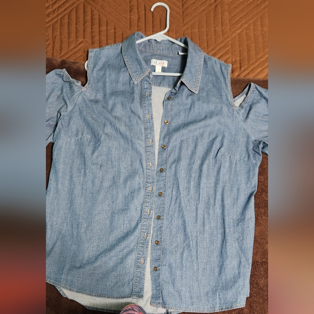 D&Co Blue Denim Long Sleeve Open Shoulder Shirt, XL